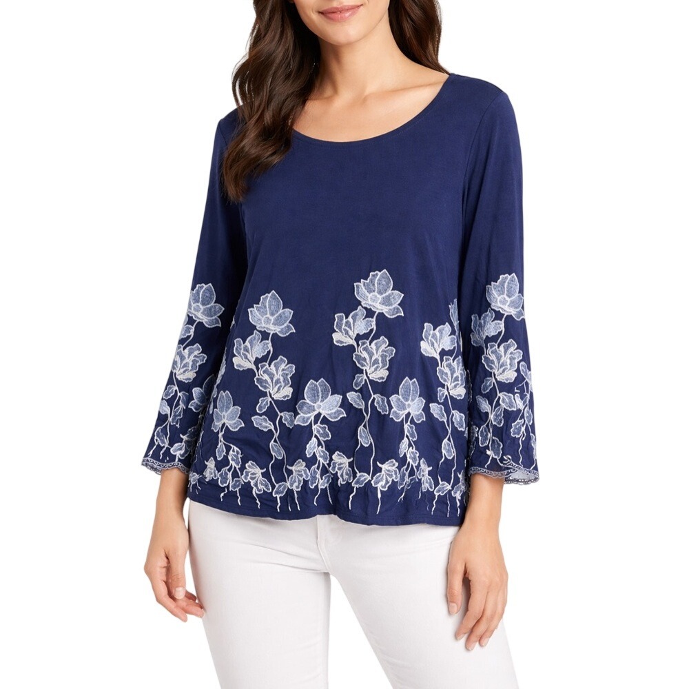 Alfani Woman‎ Navy Blue Floral Embroidered Bell Sleeve Top Plus Size 2X